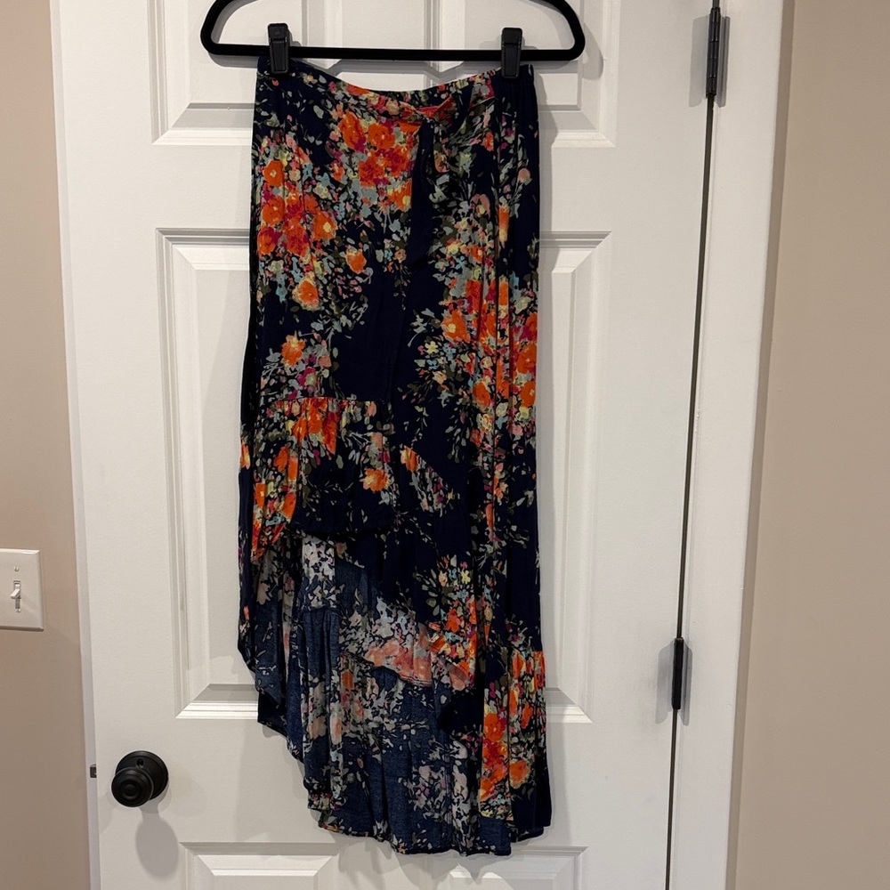 On The Road Navy Floral High-Low Skirt with Orange and Pink Blooms